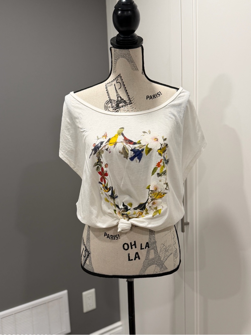 Knot-Front White Floral & Bird Print Tee